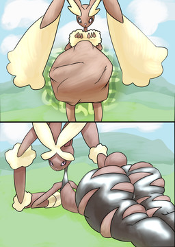 2_panel_comic abdominal_bulge ambiguous_gender ambiguous_pred ambiguous_prey anthro anthro_pred arm_tuft belly big_belly black_body black_sclera brown_body brown_fur butt butt_expansion clothing cloud cotton_tail death digestion digestion_noises expansion fatal_vore floppy_ears fur grass gurgle_(sound_effect) huge_belly hyper hyper_belly leggings legwear looking_back lop_ears lying multicolored_body on_front onomatopoeia outside overweight overweight_ambiguous overweight_anthro pink_eyes pink_nose plant prey_outline pseudo_clothing rear_view rumbling_stomach short_tail smile solo sound_effects tail text tight_leggings torn_clothing torn_leggings torn_legwear tuft vore weight_gain wrist_tuft yellow_body yellow_fur despacito20 nintendo pokemon generation_4_pokemon generation_6_pokemon lopunny mega_evolution mega_lopunny pokemon_(species) 2023 absurd_res comic digital_drawing_(artwork) digital_media_(artwork) hi_res multiple_scenes