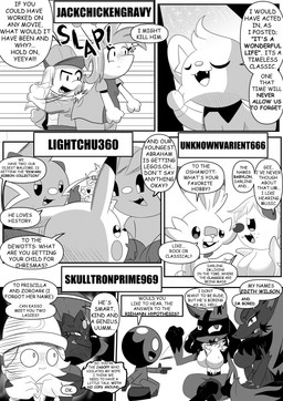6_panel_comic ambiguous_gender answer anthro anthro_on_anthro biped black_text breasts butt_slap cheek_spots claws closed_smile clothed clothing dialogue ellipsis exclamation_point eyes_closed eyewear featureless_breasts female feral fingers forehead_gem fur gem gesture glasses group hair hand_gesture hat headgear headwear looking_at_another mouth_closed nude open_mouth open_smile paws pointing pointing_at_another pupils quadruped question question_mark questions_and_answers sharp_teeth slap smile speech_bubble spikes spikes_(anatomy) talking_to_another teeth text text_box tongue white_sclera heavenlyproductions nintendo pokemon canid canine dewott espurr generation_1_pokemon generation_4_pokemon generation_5_pokemon generation_6_pokemon generation_8_pokemon lucario mammal oshawott pikachu pokemon_(species) scorbunny shinx weavile zoroark 2024 absurd_res comic english_text hi_res monochrome