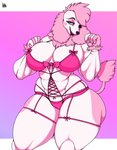 anthro big_breasts blue_eyes breasts cleavage clothed clothing curvy_figure eyeshadow female fur lingerie makeup multicolored_body multicolored_fur one_eye_closed pink_body pink_fur solo squish standing thick_thighs thigh_squish two_tone_body two_tone_fur voluptuous white_body white_fur wide_hips sukoi_(artist) canid canine canis domestic_dog mammal poodle 2020 absurd_res digital_media_(artwork) hi_res