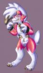 3_fingers 3_toes anthro bdsm biped black_nose bulge claws clothed clothing costume feet fingers fursuit lock male pokemon_costume red_eyes simple_background smile solo standing toes zipper exavier nintendo pokemon nivomi canid canine generation_7_pokemon lycanroc mammal midnight_lycanroc pokemon_(species) 2017 3:5 digital_drawing_(artwork) digital_media_(artwork)