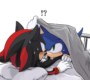 anthro bed big_eyes big_head black_body black_fur blue_body blue_fur blush bodily_fluids clothing duo erection exclamation_point fellatio fur furniture genitals gloves green_eyes handwear inside interrobang male male/male male_penetrated male_penetrating male_penetrating_male on_bed oral oral_penetration penetration penile penis pillow question_mark sex surprised sweat toony under_covers karlo sega sonic_the_hedgehog_(series) shadow_the_hedgehog sonic_the_hedgehog eulipotyphlan hedgehog mammal