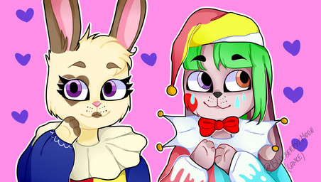 3_fingers anthro apron arms_bent bangs bent_arm black_eyebrows blue_clothing blue_topwear bodypaint bow_tie brown_body brown_ears brown_eyebrows brown_fur brown_lips brown_markings cheek_tuft closed_smile clothed clothed_anthro clothed_female clothed_male clothing clown_costume duo eyebrow_through_hair eyebrows eyelashes face_paint facial_tuft female female_anthro fingers floppy_ears frilly frilly_apron frilly_clothing fur green_hair hair handpaw heart_symbol hearts_around_head heterochromia light lips long_ears lop_ears male male_anthro markings medium_hair mouth_closed multicolored_clothing multicolored_topwear outline paws pink_background pink_inner_ear pink_nose purple_eyes red_bow_tie red_clothing red_eyes red_topwear short_hair simple_background smile tan_body tan_fur tan_hair text topwear translucent translucent_hair tuft whisker_spots white_outline cankefh lagomorph leporid mammal rabbit 2020 artist_name colored digital_drawing_(artwork) digital_media_(artwork) english_description hi_res lighting shaded