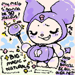 anthro big_breasts bikini bikini_bottom bikini_top biped black_text blush breast_growth breasts chibi cleavage cleavage_cutout clothed clothed_anthro clothed_female clothing cutout dialogue directional_arrow exclamation_point eyelashes eyes_closed featureless_hands female female_anthro growth hand_on_hip holding_object hood laugh magic_user magic_wand open_mouth open_smile purple_blush purple_clothing purple_hood smile smug solo spade_tail squigglevision standing swimwear tail text two-piece_swimsuit ligma_(artist) onegai_my_melody sanrio kuromi demon lagomorph leporid mammal rabbit 1:1 2026 animated digital_drawing_(artwork) digital_media_(artwork) english_text handwritten_text wigglypaint_(artwork)
