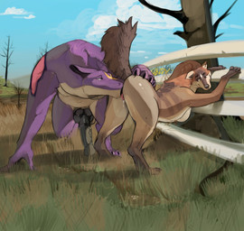 animal_genitalia anthro anthro_on_feral bestiality black_claws black_knot black_pawpads black_penis brown_body brown_fur butt_lick claws cunnilingus duo erection female feral fur genitals grass knot licking male male/female oral pawpads penis plant purple_body purple_fur sex sheath size_difference tongue vaginal white_body white_fur mr_devon mythology sakari_(juniper) canid dragon felkin furred_dragon furred_scalie mammal mythological_creature mythological_scalie scalie wingless_dragon absurd_res hi_res