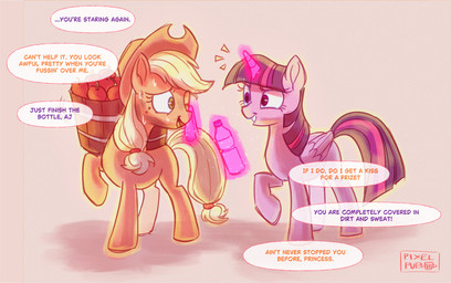 basket bodily_fluids bottle container duo female feral freckles horn magic simple_background smile smiling_at_another sweat text water_bottle wings pixelpub friendship_is_magic hasbro my_little_pony mythology applejack_(mlp) twilight_sparkle_(mlp) earth_pony equid equine horse mammal mythological_creature mythological_equine pony winged_unicorn english_text hi_res