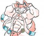 anthro anthrofied biceps big_biceps big_muscles blue_eyes blue_markings clothing fluffy front_view fur huge_muscles male manly markings money money_in_thong multicolored_body multicolored_fur muscular muscular_anthro muscular_male one_eye_closed pink_body pink_clothing pink_fur pokemorph simple_background solo standing stripper thong toony underwear white_background wink signirsol nintendo pokemon eeveelution generation_6_pokemon pokemon_(species) sylveon 2013 digital_drawing_(artwork) digital_media_(artwork) half-length_portrait portrait