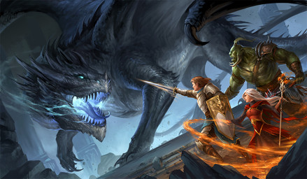 ambiguous_gender blue_eyes claws female feral green_eyes group magic male melee_weapon open_mouth shield size_difference sword tail tongue weapon wide_hips sandara mythology dragon felid human lion mammal mythological_creature mythological_scalie pantherine scalie