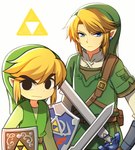 black_eyes blonde_hair blue_eyes clothing duo ear_piercing ear_ring green_clothing green_hat green_headwear hair hat headgear headwear holding_melee_weapon holding_object holding_shield holding_sword holding_weapon humanoid_pointy_ears hylian_shield light_body light_skin male master_sword melee_weapon not_furry piercing pointy_ears pointy_hat ring_piercing shield shirt square_crossover sword topwear triforce tunic weapon wusagi2 nintendo the_legend_of_zelda wind_waker link toon_link elf humanoid hylian