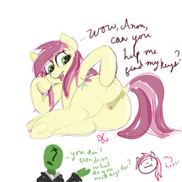 ?_face animal_genitalia animal_vulva anus butt clitoris cutie_mark dialogue dock_(anatomy) duo equine_genitalia equine_vulva female feral genitals green_eyes hair hand_on_butt hooves looking_back lost_my_keys lying multicolored_hair on_side open_mouth presenting presenting_hindquarters rear_view red_hair simple_background tail text two_tone_hair underhoof vulva white_background xichan friendship_is_magic hasbro my_little_pony anon anonymous rose_(mlp) earth_pony equid equine horse human mammal pony 1:1 2015 absurd_res english_text guide_lines hi_res sketch