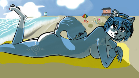 accessory anthro barefoot beach belly biped black_nose black_pawpads blue_body blue_eyes blue_fur blue_hair breasts building butt casual_nudity claws cloud day eyebrows eyelashes feet female fluffy fluffy_tail fur furgonomics hair jewelry light looking_at_viewer lying markings multicolored_body multicolored_fur nude nude_beach on_front on_towel pawpads paws pink_claws raised_tail sand sand_castle sculpture seaside shadow short_hair side_boob silver_(metal) silver_jewelry sky slim smile snout solo sun sunbathing sunlight tail tail_accessory tail_jewelry tailband tasteful_nudity towel tribal tribal_markings water white_belly white_body white_fur sossybritches_(artist) nintendo star_fox krystal_(star_fox) canid canine fox mammal 16:9 widescreen