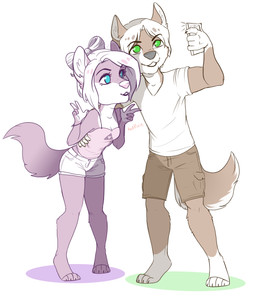anthro clothed clothing duo electronics female fur hair male phone selfie smile standing teeth redpixie canid canine mammal hi_res