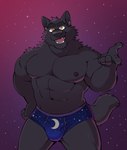 anthro black_body black_fur black_nose blue_briefs blue_clothing blue_underwear briefs briefs_only bulge clothed clothing detailed_background ear_piercing fur male moon muscular muscular_male night open_mouth orange_eyes outside pattern_briefs pattern_clothing pattern_underwear piercing purple_clothing purple_seam_briefs purple_sky purple_underwear sharp_teeth sky smile solo star teeth teeth_showing tongue_showing topless underwear underwear_only vasuki canid canine mammal absurd_res hi_res