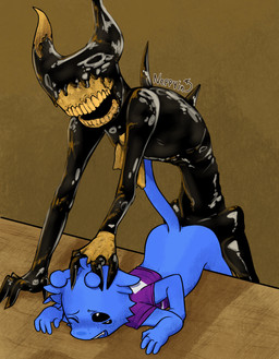 anthro bent_over blue_body claws duo eyeless ink male male/male multi_arm multi_ear multi_eye multi_limb overpower raised_tail size_difference skinny tail thin_body neppyin bendy_and_the_ink_machine goo_creature monster absurd_res hi_res