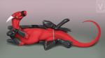 ambiguous_gender bdsm bondage bound feral horn latex lying on_side red_body red_scales scales simple_background solo tail tongue yellow_eyes minerea mythology hueroc dragon mythological_creature mythological_scalie scalie 2019 digital_media_(artwork)