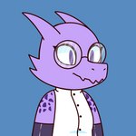 1:1 anthro armwear cheek_horn chibi clothed clothing coat elbow_gloves eyelashes eyewear female flat_colors glasses gloves half-length_portrait handwear horn irrei_nuvoh_(turncoatpilot) jagged_mouth kobold lab_coat latex lizard portrait pupils purple_body purple_eyes purple_scales reptile scale_freckles scales scalie simple_background slit_pupils smile snout solo three-quarter_portrait tinydemon topwear
