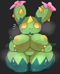 1_horn 3_claws :3 anthro areola big_breasts black_background bodily_fluids breasts claws ebi10000000000 elemental_creature eyelashes female female_anthro flora_fauna flower front_view generation_5_pokemon glistening glistening_nipples glistening_thighs green_body green_breasts green_skin hand_on_breast hands_on_own_breasts hi_res holding_breast horn looking_at_viewer maractus musk musk_clouds nintendo nipples pink_flower plant pokemon pokemon_(species) short_stack simple_background solo spikes spikes_(anatomy) sweat sweaty_breasts thick_thighs wide_hipped_female wide_hips yellow_areola yellow_claws yellow_eyes yellow_horn yellow_nipples yellow_sclera yellow_spikes