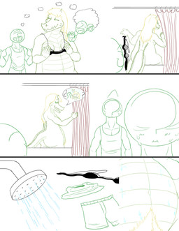 anthro bald bathroom blonde_hair bodily_fluids bra breasts close-up clothing curtains female hair heart_symbol long_hair male navel pubes simple_background smile sweat underwear white_background wide_hips jonsthaman monstro_village anon caimon alligator alligatorid crocodilian human mammal reptile scalie comic pictographics