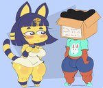 anthro box breasts bulge butt cleavage clothed clothing container duo female male short_stack slightly_chubby slightly_chubby_female thick_thighs wide_hips yellow_body purple_yoshi_draws animal_crossing nintendo ankha_(animal_crossing) cushion_(purpsyoshi) domestic_cat felid feline felis human mammal hi_res