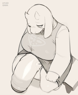 anthro big_breasts big_penis breasts clothed clothing crossgender foreskin ftg_crossgender fti_crossgender genitals gynomorph huge_penis hyper hyper_genitalia hyper_penis intersex penis solo text kyurisawa undertale undertale_(series) toriel boss_monster_(undertale) bovid caprine mammal 2023 artist_name digital_media_(artwork) hi_res monochrome