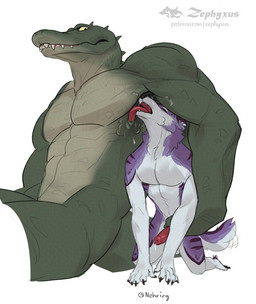 animal_genitalia animal_penis anthro armpit_fetish armpit_lick armpit_play biped canine_genitalia canine_penis duo erection genitals larger_male licking male male/male male_anthro muscular muscular_anthro muscular_male penis red_penis size_difference smaller_male tail tail_motion tailwag tongue zephyxus alligator alligatorid canid canine crocodilian mammal reptile scalie 2026 digital_media_(artwork)