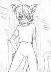 ahoge anthro biped blush bottomless cheek_tuft clothed clothing eyebrows facial_tuft female fur genitals hair hand_on_hip inner_ear_fluff locker locker_room looking_at_viewer navel presenting pussy shirt short_hair solo standing tongue tongue_out topwear tuft young young_female jumpyneko rina_(jumpyneko) felid mammal low_res monochrome portrait three-quarter_portrait