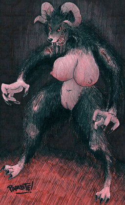 anthro big_breasts biped blood bodily_fluids breasts drooling female genitals hairy hairy_legs horn nude open_mouth red_sclera saliva solo spread_legs spreading standing vulva wounded parasitedeath bloodborne fromsoftware sony_corporation sony_interactive_entertainment beast-possessed_soul_(bloodborne) beast_(bloodborne) canid canine mammal 2022 full-length_portrait hatching_(art) hi_res portrait shaded traditional_media_(artwork)