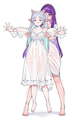 4_ears :3 :t bangs barefoot blunt_bangs blush bodily_fluids carrying_another clothed clothing dress duo ear_piercing eyes_closed feet female female/female female_human female_humanoid hair humanoid_pointy_ears inner_ear_fluff long_hair multi_ear navel nightgown no_underwear outstretched_arms piercing pointy_and_animal_ears pointy_ears pouting purple_eyes purple_hair shaking simple_background standing sweat tail translucent translucent_clothing translucent_dress trembling tuft twintails_(hairstyle) white_background white_clothing white_dress white_hair qiandaiyiyu frieren_beyond_journey's_end fern_(frieren) frieren animal_humanoid cat_humanoid elf felid felid_humanoid feline feline_humanoid human humanoid hybrid mammal mammal_humanoid absurd_res digital_drawing_(artwork) digital_media_(artwork) full-length_portrait hi_res portrait