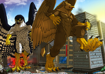 abs anthro beak biceps brown_body brown_fur building building_destruction city city_background claws crush destruction detailed_background duo extreme_size_difference feathered_wings feathers feet finger_claws fingers footprint fur house macro male muscular muscular_anthro muscular_male nude open_mouth outside pawpads pawprint paws pecs rampage size_difference sky smile stomping tail toe_claws toes vehicle walking white_body wings tatugon mythology carpo corvidius_(character) avian bird falcon falconid gryphon mythological_avian mythological_creature
