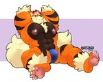 anthro big_bulge big_pecs biped bulge clothed clothing feet fluffy fluffy_tail hands_behind_head male male_anthro muscular muscular_anthro muscular_male nipples orange_body pecs plantigrade raised_arms solo tail topless underwear schwarzfox nintendo pokemon arcanine generation_1_pokemon pokemon_(species) 2021 5:4