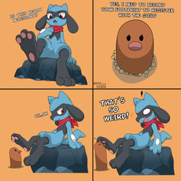 3_toes ambiguous_gender anthro blue_body blue_fur blush bodily_fluids dialogue duo facial_markings feet feral foot_fetish foot_focus foot_play fur head_markings markings mask_(marking) open_mouth pawpads paws pink_pawpads plant red_eyes red_scarf scarf simple_background sitting surprised tail text toes young whyvern nintendo pokemon pokemon_mystery_dungeon spike_chunsoft canid canine diglett generation_1_pokemon generation_4_pokemon mammal pokemon_(species) riolu 2026 absurd_res comic digital_media_(artwork) english_text hi_res translated