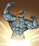 5_fingers abs anthro blue_body blue_fur braided_hair convenient_censorship dot_eyes fingers flexing fur glowing hair male muscular muscular_male navel nipples nude orange_hair pecs serratus simple_background smile solo ceehaz dreamy_pride_(character) equid equine horse mammal 2024 5:6 absurd_res hi_res