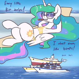 bikini blue_hair cigar clothed clothing crossed_legs dialogue eyewear feathered_wings feathers female feral green_hair hair horn multicolored_hair pink_hair quadruped sea smoking sunglasses swimwear tail text two-piece_swimsuit vehicle water watercraft white_body wings yacht t72b friendship_is_magic hasbro my_little_pony mythology princess_celestia_(mlp) equid equine mammal mythological_creature mythological_equine winged_unicorn 1:1 absurd_res english_text hi_res