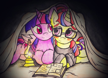 bed bedding blanket blush book duo feathered_wings feathers female feral furniture horn lamp lantern reading wings canvy_(artist) friendship_is_magic hasbro my_little_pony mythology moondancer_(mlp) twilight_sparkle_(mlp) equid equine mammal mythological_creature mythological_equine unicorn winged_unicorn 2015 absurd_res hi_res
