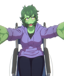 anthro blush breasts clothing disability eyelashes female freckles green_body green_hair green_scales grey_eyes hair hoodie looking_at_viewer open_mouth paraplegic scales short_hair simple_background sitting solo spread_arms tongue topwear vehicle wheelchair white_background yellow_sclera fungushi cavemanon_studios i_wani_hug_that_gator olivia_halford baryonyx dinosaur prehistoric_species reptile scalie spinosaurid theropod 2024 digital_drawing_(artwork) digital_media_(artwork) hi_res