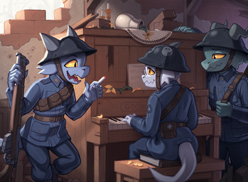 anthro armor belt blue_body book chair cigarette clothing eyebrows eyewear furniture glasses green_body group gun headgear helmet horn keyboard_instrument male military military_uniform musical_instrument open_mouth piano pupils ranged_weapon rifle sitting slit_pupils soldier uniform upright_piano warrior weapon yellow_sclera goobone kobold scalie 2026 hi_res