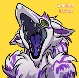 ambiguous_gender anthro fangs fluffy fur green_eyes open_mouth purple_stripes purple_tongue screaming solo stripes teeth tongue white_body white_fur blitzdrachin conditional_dnp sergal 2025 digital_drawing_(artwork) digital_media_(artwork)