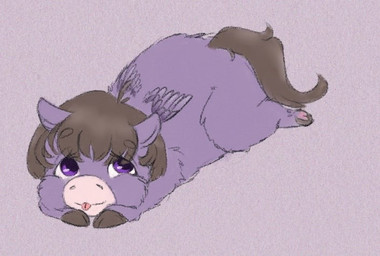 ambiguous_feral ambiguous_gender brown_hair brown_hooves brown_tail eyebrows feral fur hair hooves looking_up lying on_front purple_background purple_body purple_eyes purple_fur purple_wings simple_background solo tail tongue tongue_out wings young young_ambiguous young_feral lemoncurds fluffy_pony fluffy_pony_(species) mammal 2026 digital_media_(artwork)