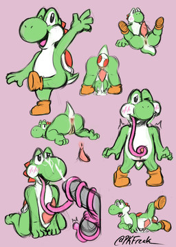 3_toes 4_fingers animal_genitalia anthro anus auto_penis_lick bodily_fluids butt clothing cum cum_on_face cum_while_penetrated disembodied_penis egg egg_in_ass egg_insertion ejaculation erection feet fellatio fingers footwear genital_fluids genital_slit genitals green_body kneeling legs_up licking long_tongue looking_at_viewer lying male masturbation on_back on_front one_eye_closed open_mouth open_smile oral oral_masturbation orange_clothing orange_footwear orange_shoes penetration penile penile_masturbation penis pink_anus pink_penis pink_tongue presenting presenting_hindquarters red_shell self_lick sex shell shoes smile solo toes tongue tongue_out white_body white_sclera wink winking_at_viewer pkfreak mario_bros nintendo yoshi_(character) yoshi hi_res sketch_page