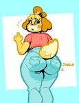 4_fingers anthro bell big_butt biped blue_bottomwear blue_clothing blush blush_stickers bottomwear butt clothed clothing denim denim_bottomwear denim_clothing emanata female female_anthro fingers green_eyes jeans looking_at_viewer looking_back looking_back_at_viewer onomatopoeia pants pink_clothing pink_topwear raised_tail simple_background solo sound_effects standing tail text topwear unsigned gollygeo animal_crossing nintendo isabelle_(animal_crossing) canid canine canis domestic_dog mammal shih_tzu toy_dog 2023 absurd_res digital_drawing_(artwork) digital_media_(artwork) hi_res shaded