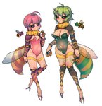 2_toes 5_fingers ahoge alternate_species animal_humanoid arthropod arthropod_abdomen arthropod_humanoid bee_humanoid big_breasts black_sclera breast_size_difference breasts brown_eyes claws cleavage clothed clothing duo eyelashes feet female fingers floating glistening glistening_body glistening_clothing green_hair hair hi_res hornet_(terraria) humanoid humanoidized hymenopteran hymenopteran_humanoid insect insect_humanoid insect_wings leotard looking_at_viewer monotone_hair moss_hornet_(terraria) multicolored_body multicolored_skin navel neck_tuft nyong_nyong pink_hair purple_eyes short_hair simple_background skimpy slim small_breasts standing stinger stripes swimwear terraria tight_clothing toes tuft white_background wings yellow_stripes