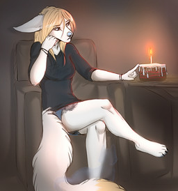 anthro biped breasts cake candle clothed clothing dessert female food fur hair sitting solo tail tattoo translucent translucent_body dafka canid canine domestic_cat felid feline felis ghost mammal spirit sketch