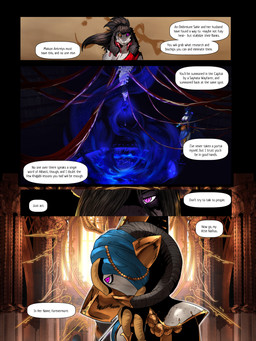 anthro duo female gold_(metal) heterochromia magic_user multicolored_body portal speech_bubble two_tone_body tyunre n'aschi_ombrelune nafisa_vharr_antrelys bovid caprine mammal mustelid otter 3:4 hi_res