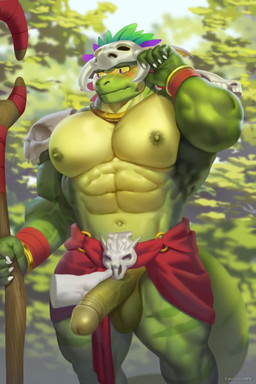 5_fingers abs ambiguous_gender anthro areola armor balls big_muscles big_pecs biped blurred_background blush bodily_fluids bone bone_mask bottomwear bottomwear_aside breathing claws clothed clothed_anthro clothed_male clothing clothing_aside cum cumshot disembodied_hand duo ejaculation embarrassed erection facial_markings finger_claws fingers foreskin forest forest_background genital_fluids genitals glans glistening glistening_abs glistening_eyes glistening_pecs gold_(metal) gold_jewelry gold_necklace green_areola green_balls green_body green_glans green_nipples green_penis green_scales green_tail handjob head_markings holding_object holding_staff huge_pecs humanoid_genitalia humanoid_penis jewelry loincloth loincloth_aside looking_away loose_feather male male/ambiguous male_anthro male_focus markings mask mouth_closed muscular muscular_anthro muscular_male nature nature_background navel necklace nipple_dip nipples o-ring orgasm pecs penile penis plant purple_eyes quads red_bottomwear red_clothing red_loincloth scales serratus sex shoulder_guards skull skull_mask solo solo_focus staff stocky striped_body striped_markings striped_scales striped_tail stripes tail tail_markings tail_motion tailwag teeth text tongue tongue_showing tree vein veiny_muscles veiny_penis white_claws yellow_markings yellow_sclera raccoon21 sound_warning opennsfwsp_(sfx) terraria shimmered_witch_doctor witch_doctor_(terraria) lihzahrd reptile scalie 2026 2:3 2d_animation animated digital_media_(artwork) full_version_at_paywall hi_res motion_tweening promotional_material short_playtime sound video