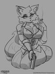 anthro bedroom_eyes big_breasts breasts cheek_tuft chest_tuft cigarette claws cleavage clothed clothing facial_tuft female finger_claws fluffy fluffy_tail fur gun narrowed_eyes pose ranged_weapon seductive sexy_eyes shirt smoking solo tail topwear tuft unbuttoned_shirt weapon darkergrey aria_serizawa canid canine fox mammal 3:4 absurd_res hi_res monochrome pinup sketch