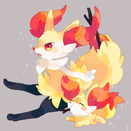 ambiguous_anthro ambiguous_feral ambiguous_gender anthro biped blush blush_stickers digitigrade dipstick_tail duo feral flesh_fang fluffy fluffy_tail looking_at_viewer lying markings object_in_tail on_side open_mouth puffed_cheeks quadruped side_view simple_background snout sparkles stick stick_in_mouth stick_in_tail tail tail_markings zoroa553 nintendo pokemon braixen canid fennekin generation_6_pokemon mammal pokemon_(species) 1:1 2025 absurd_res digital_drawing_(artwork) digital_media_(artwork) hi_res japanese_description translated_description
