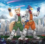 anthro arwing bottomwear city clothed clothing dipstick_tail duo macro male markings muscular open_mouth pants tail tail_markings white_tail_tip ligoni nintendo star_fox falco_lombardi fox_mccloud avian bird canid canine fox mammal 2020 absurd_res hi_res