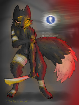 ambiguous_gender angry anthro bandage bandaged_arm bandaged_leg black_body black_claws black_eyes black_fur black_nose blood blood_from_eye blood_on_object blood_on_weapon bodily_fluids claws feet fur gore hand_on_arm holding_melee_weapon holding_object holding_weapon hunched_over leaning leaning_forward looking_at_viewer machete markings melee_weapon missing_eye open_wound orange_tail pink_sclera red_light red_lighting scratches simple_background solo standing status_effect tail tail_markings text tuft weapon angel_6423 synther casualties:_unknown canid canine canis expie_(gunsawian) fox gunsawian hybrid mammal murid murine rat rodent 3:4 absurd_res digital_drawing_(artwork) digital_media_(artwork) hi_res watermark