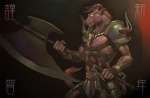 abs abstract_background anthro armor axe battle_axe biped black_background chain double_bitted_axe fantasy_weapon gem holding_object holding_weapon horn jewelry male mane melee_weapon muscular muscular_anthro muscular_male necklace pauldron ruby_(gem) simple_background solo spiked_armor spikes standing tail tail_tuft tuft warrior weapon yellow_eyes wakky european_mythology greek_mythology mythology bovid bovine mammal minotaur signature