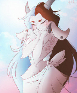 anthro arm_tattoo blue_hair bodily_fluids brown_hair clothed clothing cloud crying ear_piercing eyebrows eyelashes female hair hand_on_own_face long_hair multicolored_hair outside piercing scut_tail short_tail sky solo tail tattoo tears text two_tone_hair white_clothing spider_bones bridgette_(spider_bones) bovid caprine goat mammal 5:6 artist_name digital_media_(artwork) hi_res shaded
