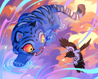 ambiguous_feral ambiguous_gender black_body black_feathers black_stripes black_wings blue_body blue_fur duo fangs feathers feral fur markings multicolored_eyes open_mouth orange_eyes red_sclera striped_back striped_markings striped_tail stripes tail tail_markings teeth water white_body white_feathers white_wings wings yellow_eyes corzh77 kpop_demon_hunters derpy_(kpop_demon_hunters) sussie_(kpop_demon_hunters) avian demon felid mammal hi_res